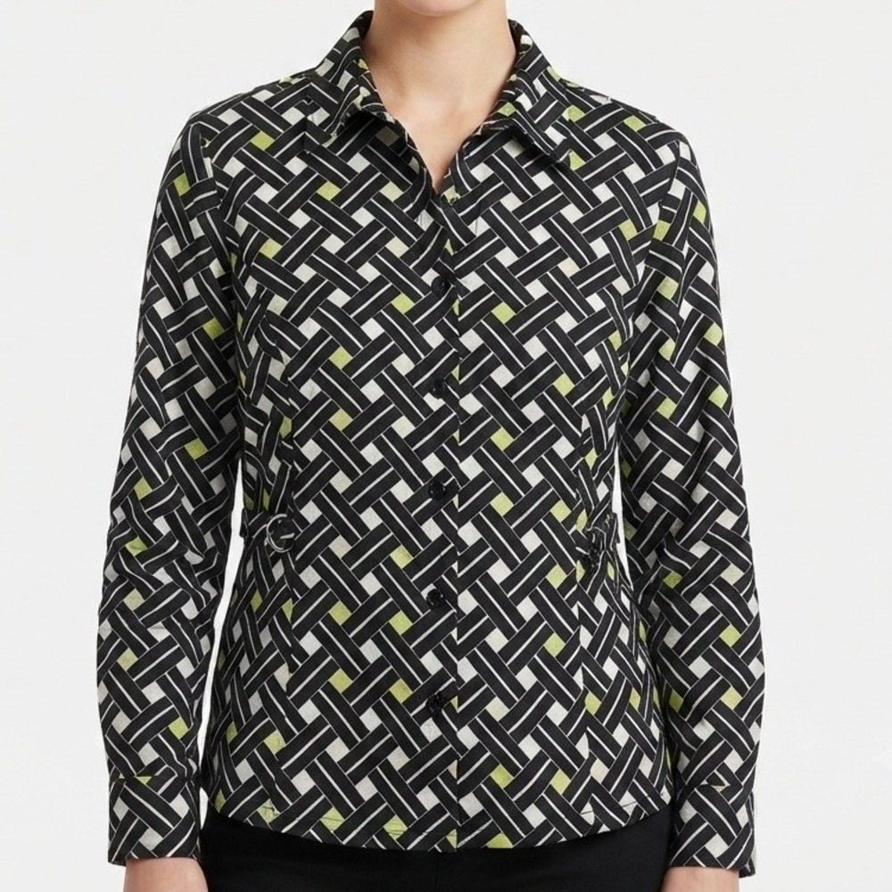 Tweeds Linen Button Up Shirt Womens XL Black White Geometric Lattice D-Ring